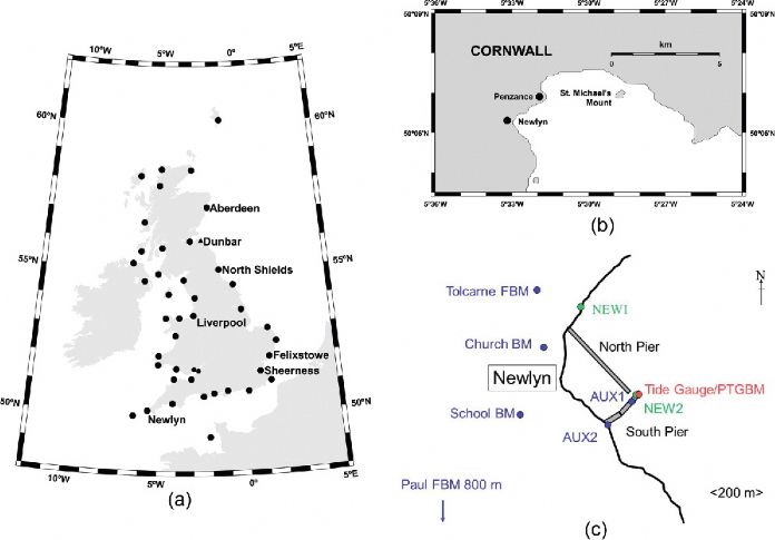 Fig A above shows the 43 stations of the present day National Tidal Grid Network. Fig C is a sketch of Newlyn harbour showing the piers, Tidal Observatory and benchmark locations.