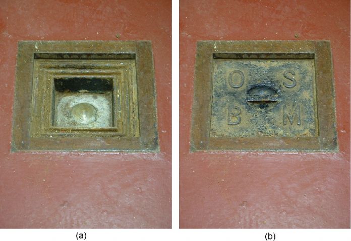 (a) The brass bolt benchmark (OS BM 4676 2855) located in the Tidal Observatory and from which the ODN national datum is defined as being 4.751 metres below the mark, and (b) the cover of the historic mark. (photos by Les Bradley)