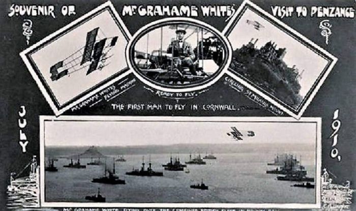 Commemorative postcard of Grahame-White's first flight in Cornwall (via Michael Potter on FaceBook) 