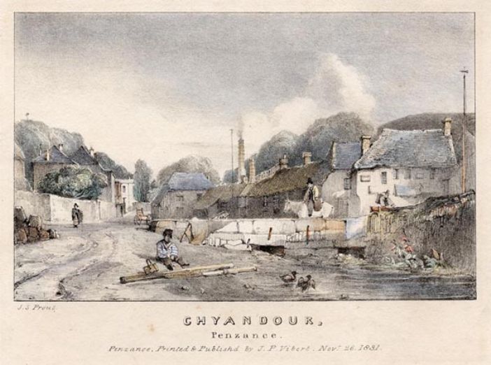 1831 view by J S prout, looking towards the smelting works (marked by a tall chimney in the distance)